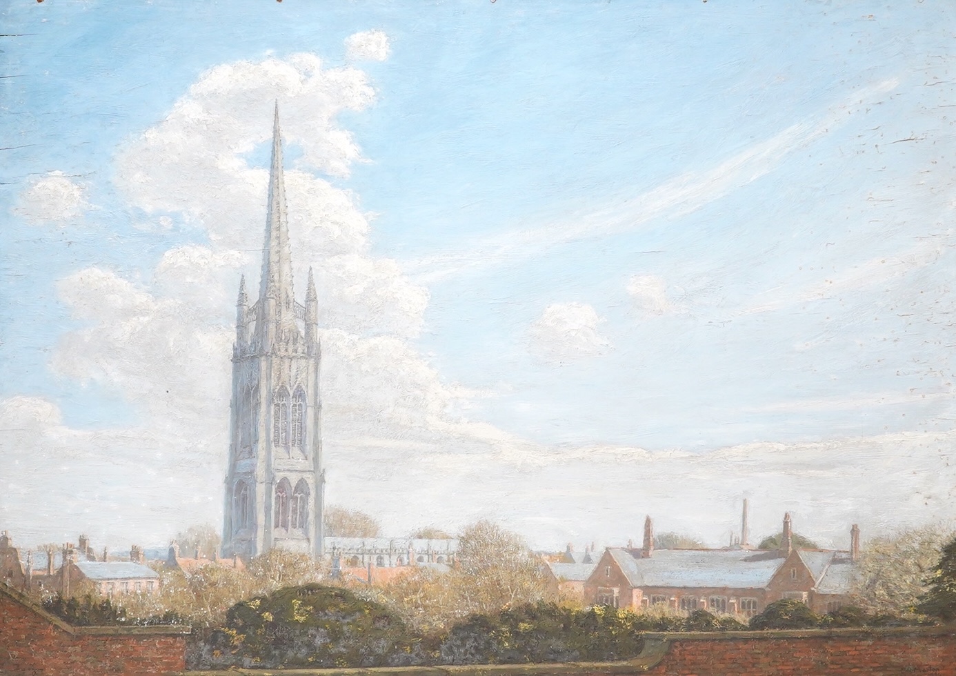 C R Morton, St James' Church, Louth, signed and dated 1930, oil on board, unframed, 86 x 122cm